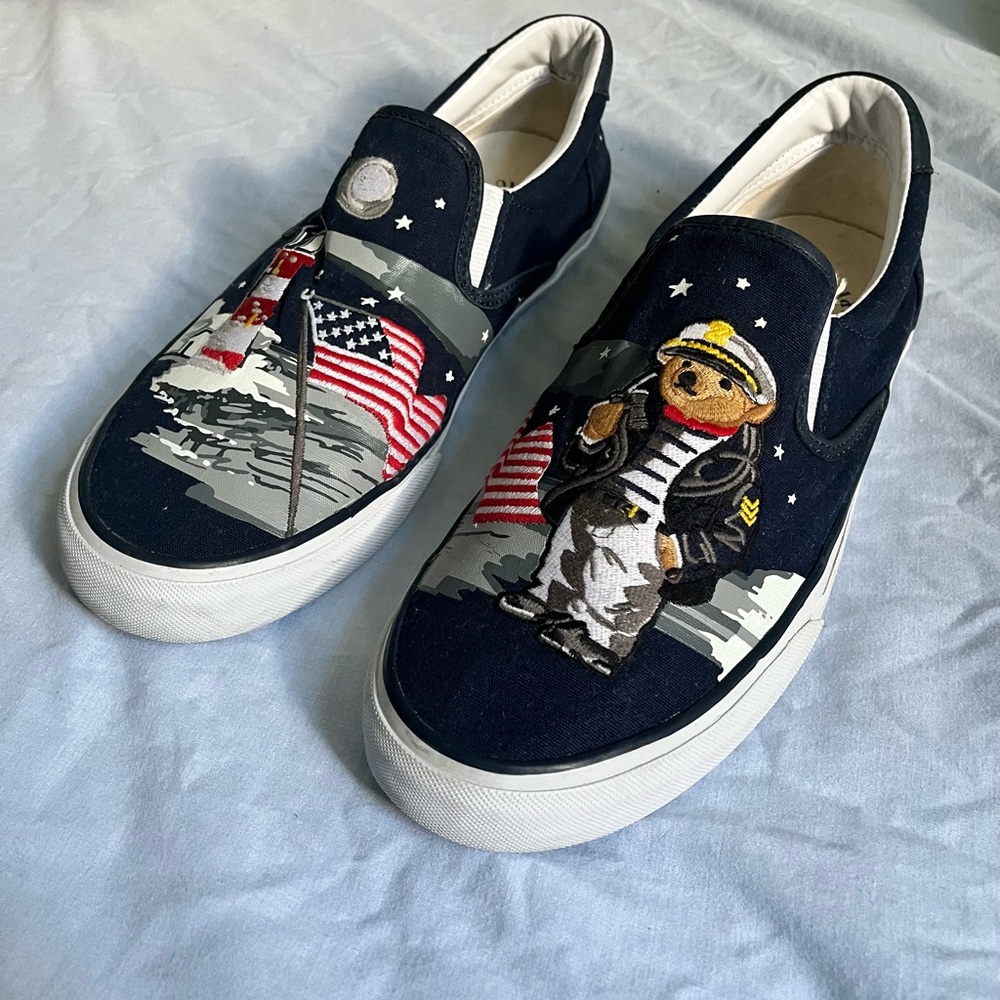 Ralph Lauren Blue and White Slip-On Loafers with Artistic Design